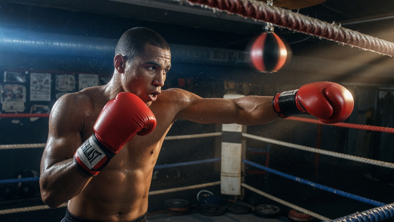 Boxer in a gym throwing a punch